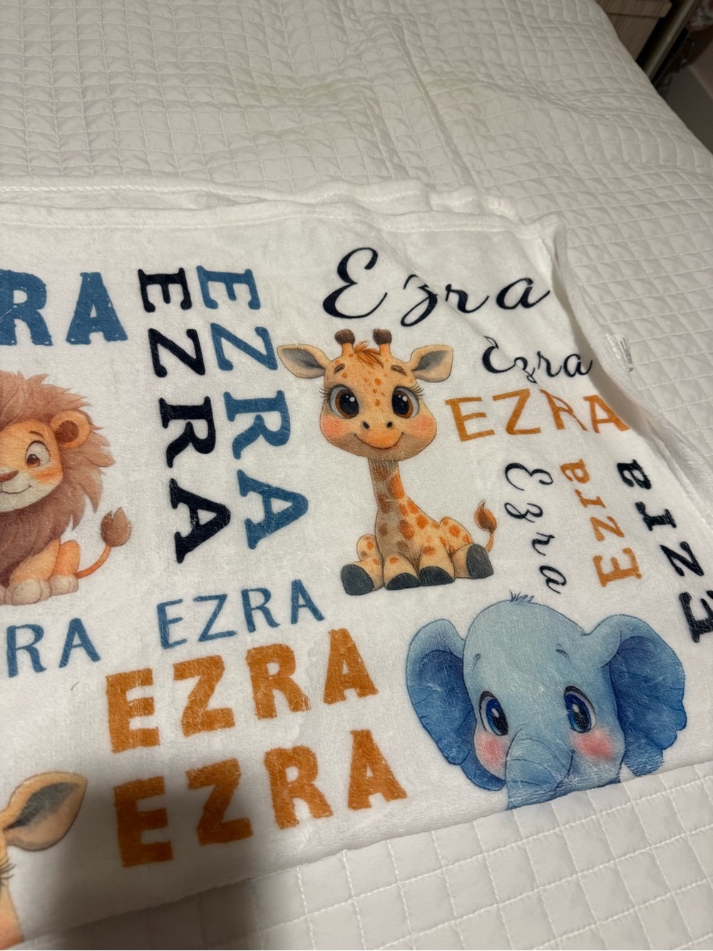 Personalized White Infant Blanket with Animal Print-Ezra Design. 30x20